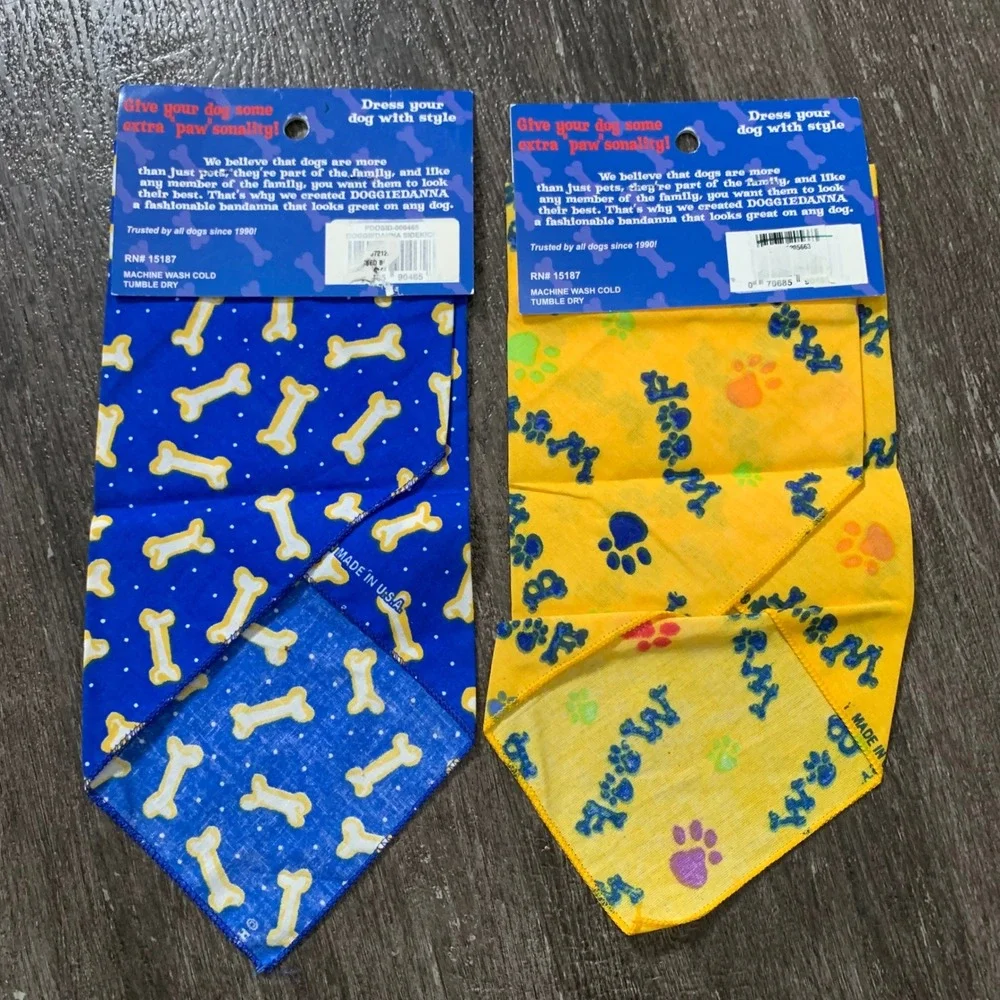 Doggiedanna Dog Bandana Blue Bones Yellow Paws One Size NEW Set‎ of 2